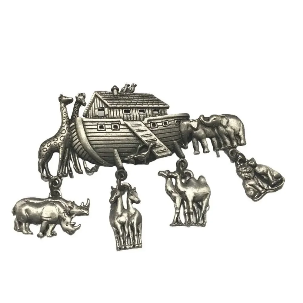 Vtg JJ Noah’s ark brooch pin silver 80s dangle charm lion camel‎ bible Christian